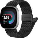Maledan Compatible with Fitbit Versa 4 Bands for Woman Men/Fitbit Sense 2 Bands/Sense Band/Versa 3 Band, Breathable Soft Elastic Woven Nylon Strap With Clasp Smart Watch Bracelet Accessory (Fit for 5.51"-8.66" (140mm-220mm) Wrist, 01-Black)