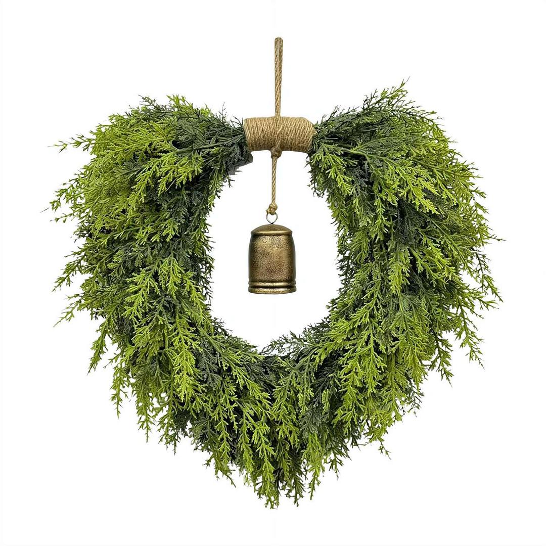 ZHWOSEE Real Touch Artificial Cedar Wreath 20" with Bell Fake Christmas Wreaths for Front Door Faux Pine Greenery Heart Wreaths for Home,Window,Table,Mantle,Wall,Indoor,Outdoor Xmas Decorations