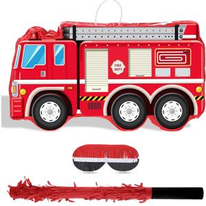 Fire Truck Piata with Hanging Loop Blindfold Bat and Confetti Filler for Kids Boys Firefighter Firetruck Theme Birthday Party Decorations Supplies, 16.14 x 8.9 x 3.15 Inches