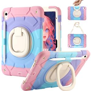 for iPad (A16) 11th Generation case 11''(2025)/10th Generation case 10.9''(2022),360Rotatable Stand with [Pencil Holder&Shoulder Strap] Heavy Duty Shockproof Silicone Case (Colorful Pink)