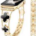 MOINSPIRE Gold Bling Diamond Clover Bands Women Compatible with Apple Watch 42mm(S3/2/1) 44/45/46/49mm Lucky Cute Sparkle Dressy Bracelet Metal Strap for iWatch Series 11/10/9/8/7/6/5/4/SE/Ultra 3/2/1