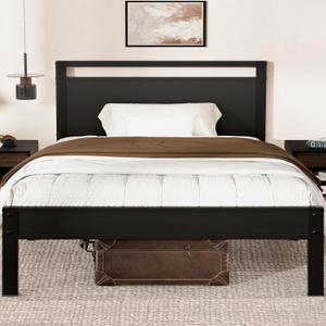 Z-hom Queen Bed Frame with Modern Wood Headboard & Footboard, Upgraded Heavy Duty Metal Sturdy Bed Frame Queen Size, Stable Platform Bed Furniture Bed Storage, No Noise, No Box Springs, Black