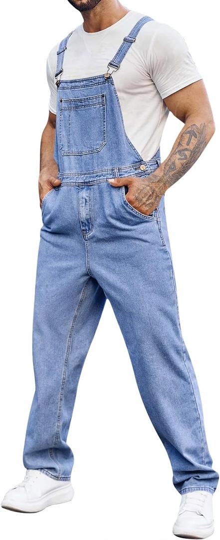 Runcati Men's Denim Bib Overall Jean Romper Trousers Adjustable Strap Workwear Slim Fit Jumpsuit (X-Large, Blue)