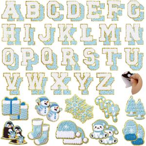 72 Pcs Winter Stickers Patches Snowflake Chenille Christmas Patches Self Adhesive Embroidered,Include 52 A-Z Letters Patch,20 Snowman Gloves Penguin Stick on Patch for Trucker Hats Backpacks Bags