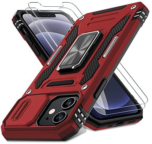 DEERLAMN Case for iPhone 12/12 Pro with Slide Camera Cover+Screen Protector(2 Packs),Rotated Ring Kickstand Military Grade Shockproof Protective Cover-Red 