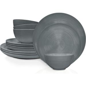 Zak Designs Melamine Dinnerware Set, 12-Piece, Service for 4, American Conventional (Grey)