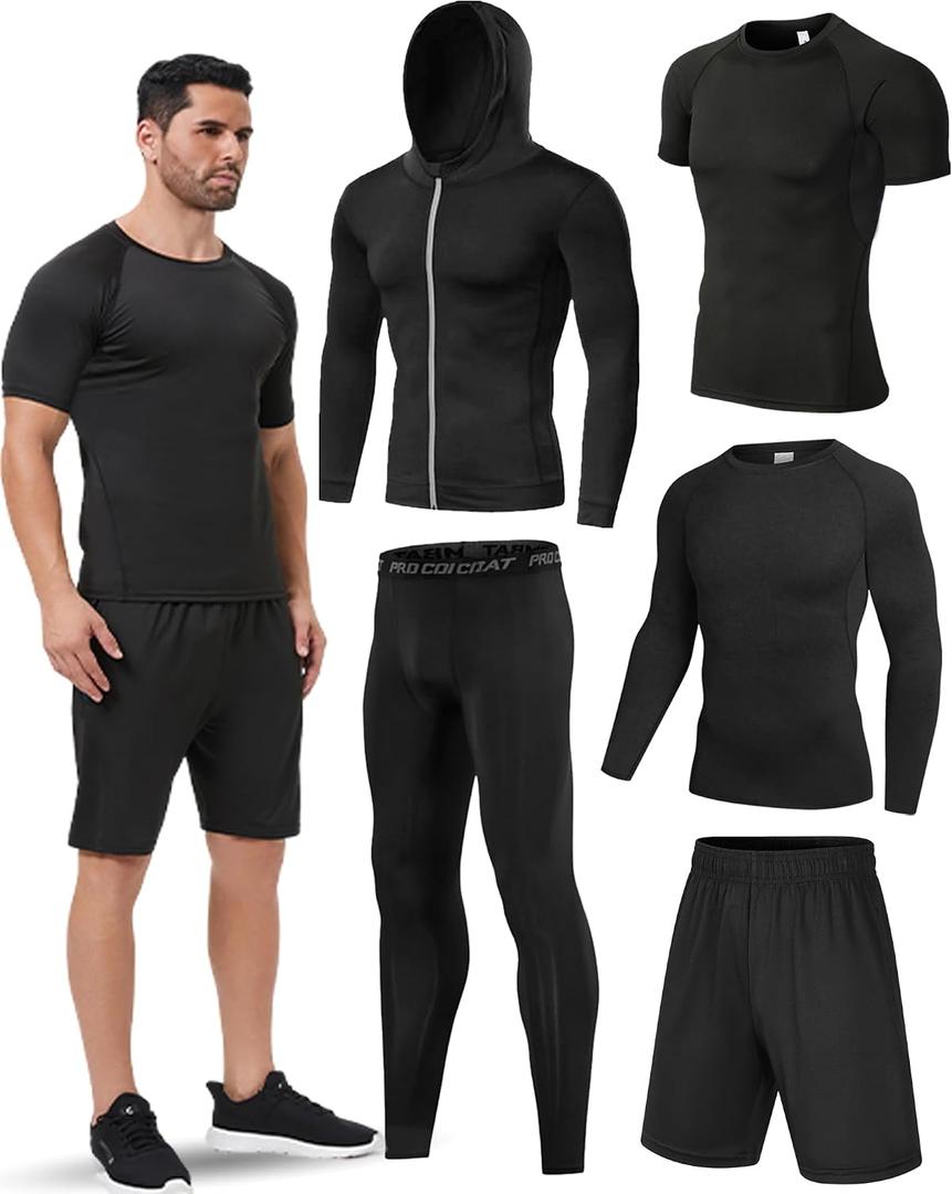 5Pcs Men Compression Workout Set Compression Pants Shirt and Jacket (Black, XL)