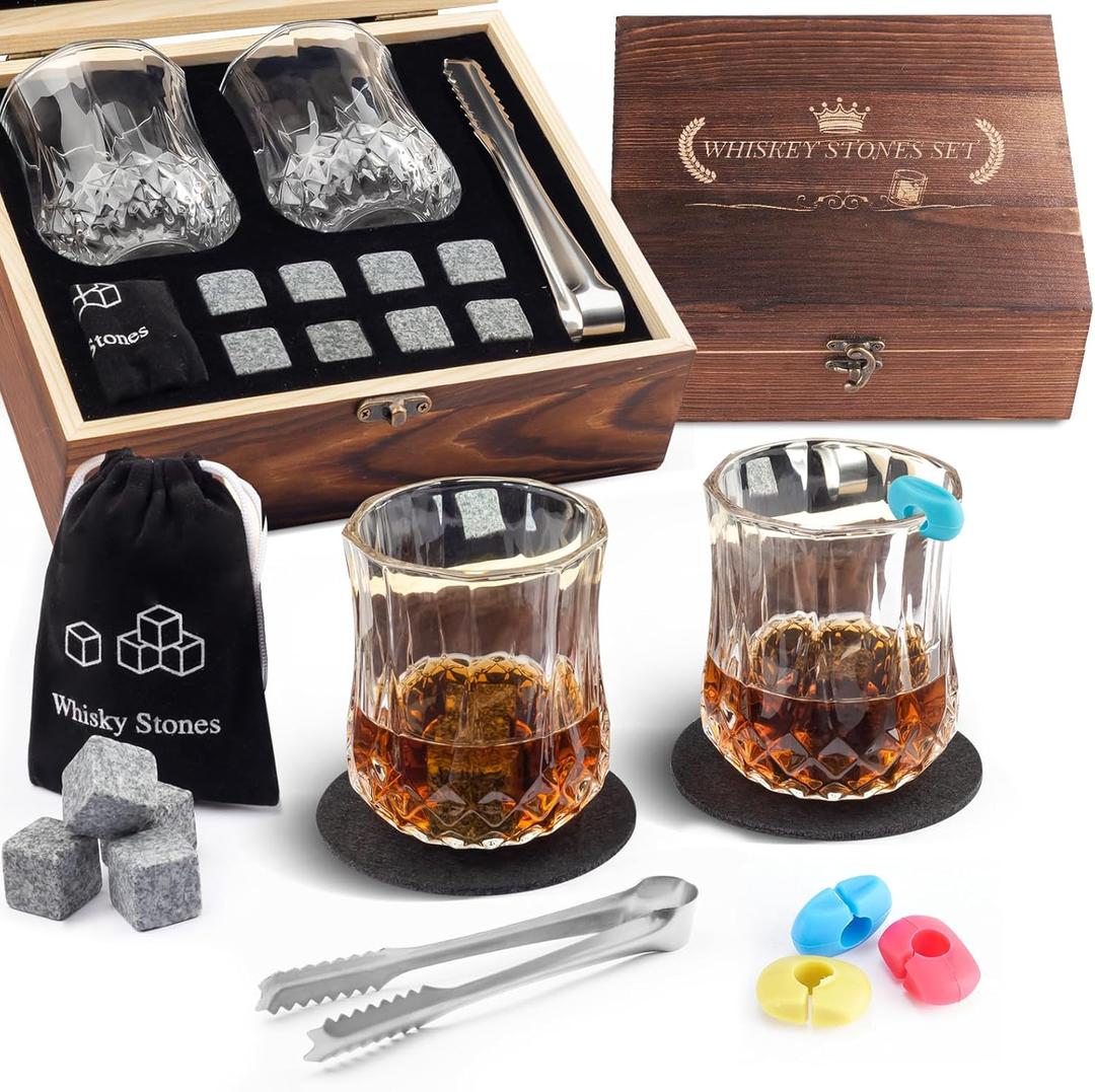Fathers Day Anniversary Birthday Gifts for Men Him Dad Husband, White Elephant Gifts for Adults, Whiskey Glasses Set of 2 with Chilling Rocks, Bourbon Whiskey Stones Gifts for Men Wooden Box