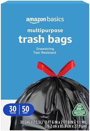 Amazon Basics 30 Gallon Multipurpose Drawstring Trash Bags, 20% Post Consumer Recycled, 50 count