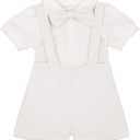 IDOPIP Baby Boys Formal Suit Set Short Sleeve Romper Suspenders Shorts Pants Bowtie Wedding Tuxedo Outfits Cake Smash Clothes (18-24 Months, White)