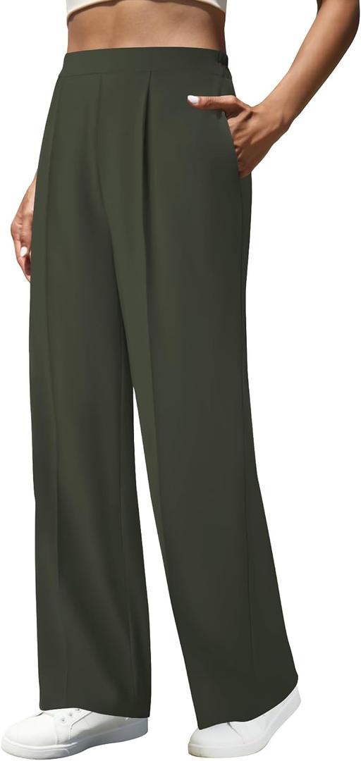 JEKAOYI Women's Business Dress Pants High Waist Stretchy Work Trousers Wide Leg Elastic Casual Slacks Side Pockets (Green, XXL)