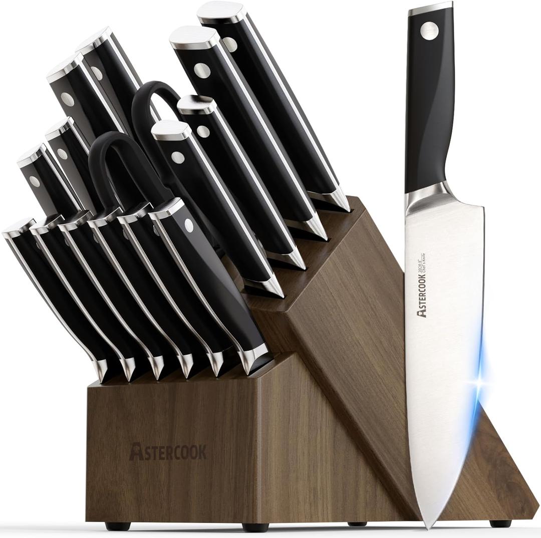 Astercook Knife Set, Kitchen Knives Set with Block and Sharpener Full Tang 17 Pcs German Stainless Steel Knives Sharp Blade Dishwasher Safe Premium Knife Set with Anti-slip Ergonomic Handle, Black