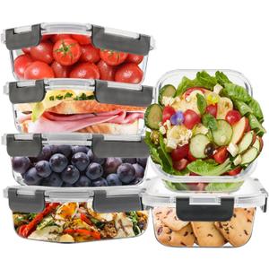 6Pack 22oz Glass Meal Prep Containers, Glass Food Storage Containers Sets with Snap Leak Proof Lids for Microwave, Oven, Freezer and Dishwasher Safe (Grey, 22oz)