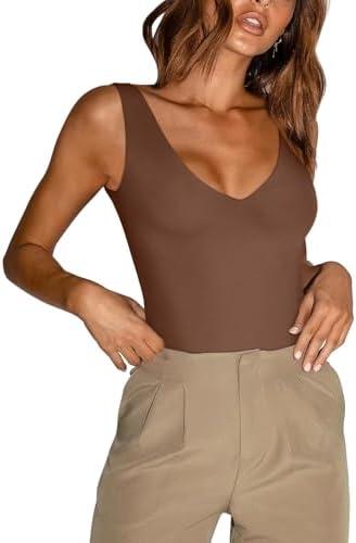 REORIA Butsmooth® Women’s Trendy Sexy Plunge Deep V Neck Sleeveless V Backless Going Out Tank Bodysuits Tops Medium, Coffee