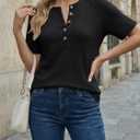 AUTOMET Women's Waffle Knit Henley Tops Short Sleeve Blouses Business Casual T-Shirts for Spring Summer Vacation 2026 (Black, L)