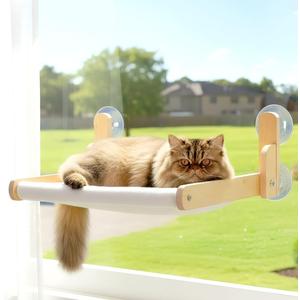 Foldable Cat Window Perch with Plush Furry Cover, Cat Hammock with Wooden Frame - Sturdy Suction Cups, No Drilling Required, Perfect for Indoor Cats & Kitchens, Easy to Clean