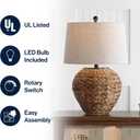 JONATHAN Y 24.5" Natural Water Hyacinth Farmhouse Basket Table Lamp, Coastal Decor for Living Room Bedroom Nightstand, Light Gray Linen Shade, LED Bulb Included JYL6501A