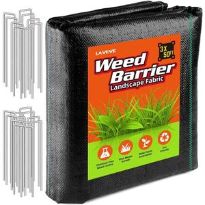 3FT x 50FT Weed Barrier Landscape Fabric, 3.2oz Premium Heavy Duty Garden Cloth, Ground Cover for Gardening, Farming with 10 U-Shaped Securing Pegs