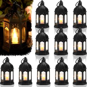 12 Pieces Mini Lanterns with Flickering LED Candle, Batteries Included, Decorative Hanging Candle Lantern for Indoor Use, Wedding, Party, Table Centerpiece (Black, )