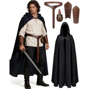 kasahara Renaissance Hooded Cloak Medieval Costume Accessories for Men Women Halloween Costume Cape Belt Pouch Bracers