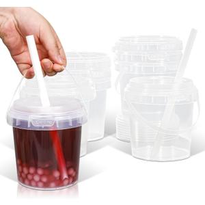 Clear Plastic Cups with Lid and Straw, Reusable Drink Bucket with Handle for Iced Coffee, Smoothie, Ice Cream - Sturdy Food Safe Party Cups for Pool, Beach, Birthday Parties (8, 32 oz)