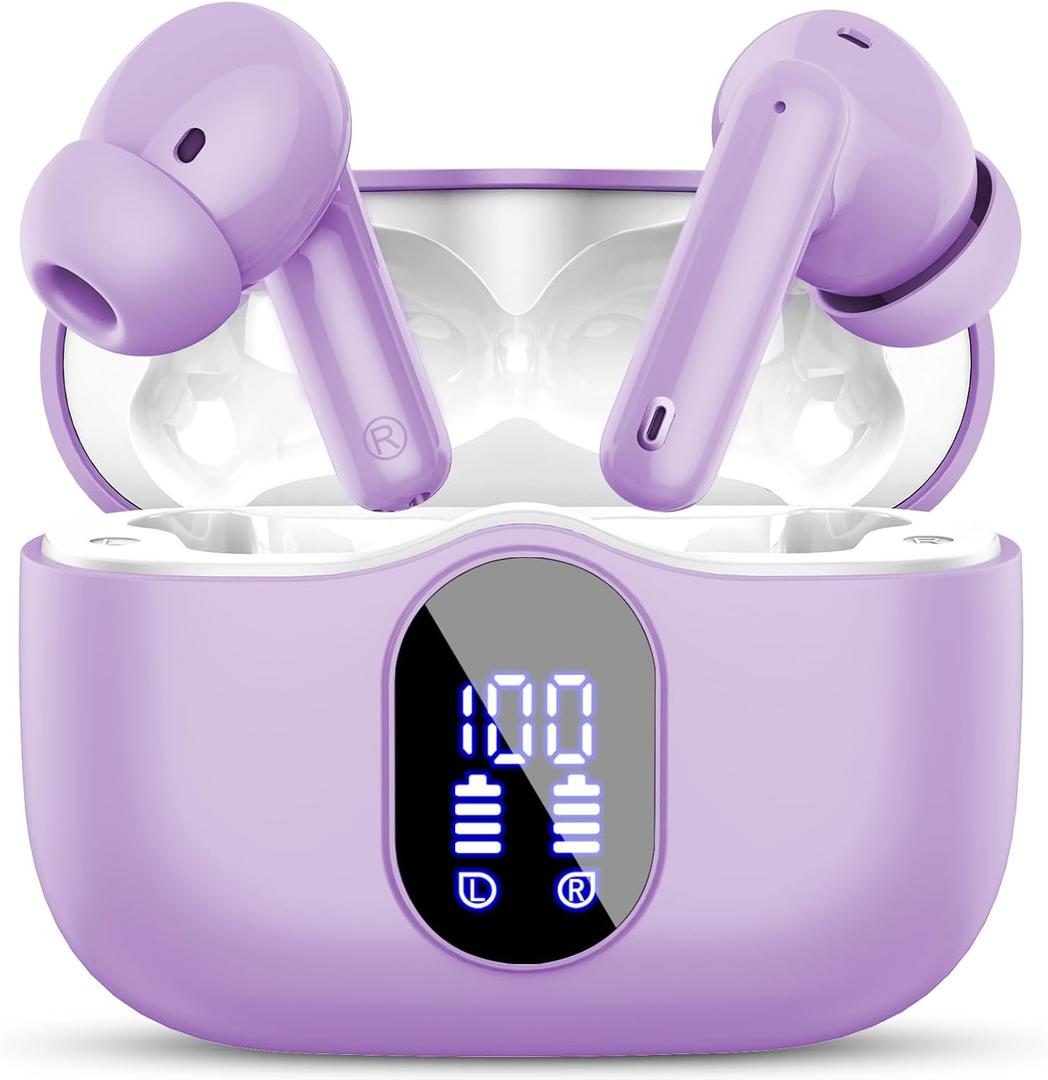 Wireless Earbuds Bluetooth 5.4 Headphones Bass Stereo Ear Buds with Noise Cancelling Mic LED Display in Ear Earphones IP7 Waterproof 36H Playtime for Laptop Pad Phones Sports Workout Purple