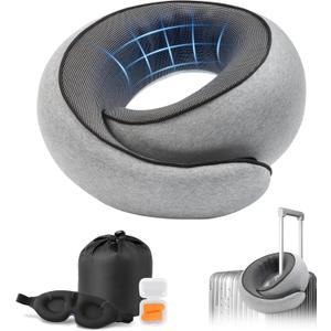 Advanced Memory Foam Neck Travel Pillow, Neck Pillow Airplane with Eye Mask & Ear Plugs, Designed for The Comfort of Travel & Office, Travel Pillow for Plane, Car, Home, Work Grey