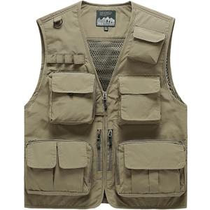 Saukiee Mens Vest Lightweight Vest Men Fishing Travel Work Pesca Safari Combat Hunting Cargo Vest Jacket with Pockets M (Large, Khaki)