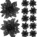 12 Pieces 5.7 Inch Christmas Poinsettia Flower Christmas Glitter Artificial Flower with Clips Xmas Tree Ornament for Wreath Garland Party Decor (Black)
