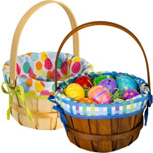 JOYIN 2 Pcs Easter Natural Woven Woodchip Basket with Lining, Easter Wicker Wooden Eggs Basket with Handle for Picnic, Gift Packing, Storage and Decor