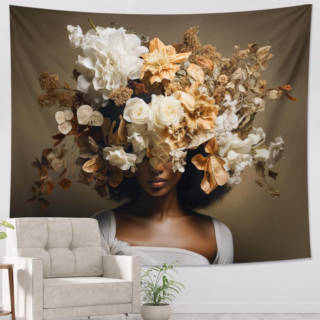 African American tapestry modern classy floral botanical aesthetic black girl brown Polyester wall art for indoor home decor wall hanging for home college dorm Accessories large tapestry 80x60inch