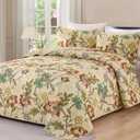 WONGS BEDDING Quilt Set Queen Size, Yellow Botanical Bedspread Bedding Set, 3 Pieces Floral Quilt with 2 Pillowcases, Soft Lightweight Microfiber Coverlet Set for All Season (96"x90")