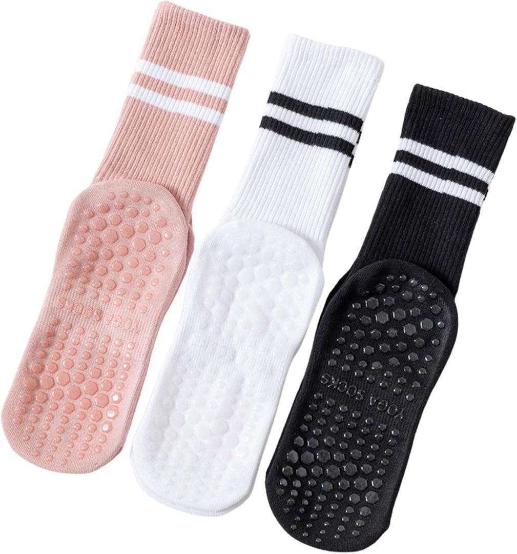 Pilates Socks With Grips for Women:Cute Non Slip Crew Gripper Yoga Sock-Grippy Sticky for Hospital/Dance Barre/Workout (Medium, Black+ White + Pink)