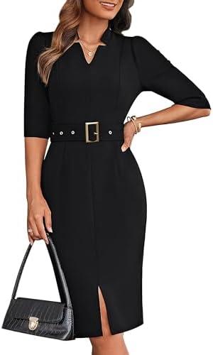 GRACE KARIN Women's Work Dress 3/4 Sleeve V Neck Bodycon Sheath Dress Zipper Up Office Business Dresses with Belt M