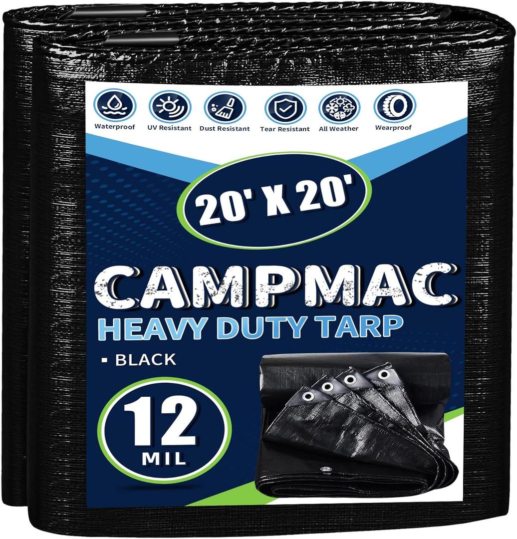 Black Tarps Heavy Duty Waterproof 20x20, 12 Mil Thick, High Durability, Rip and Tear Resistant with Metal Grommets Every 20 Inches