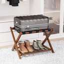 Fully Assembled Walnut Bamboo Luggage Rack with Shoe Shelf, Folding Suitcase Stand with 5 Heavy-Duty Straps, Large Wooden Luggage Holders for Guest Room, Ideal for Bedroom, Hotel