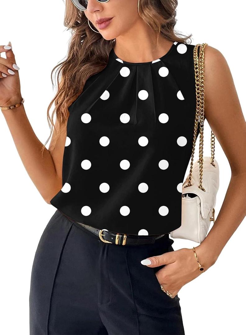Samefar Womens Summer Tank Tops Pleated Crewneck Casual Loose Chiffon Blouses Sleeveless Tops Business Work Shirts (XXL, Black)