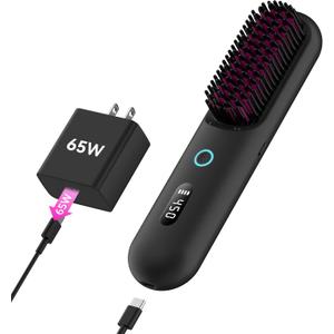 Cordless Hair Straightener Brush  Portable Ionic Hot Comb with 65W Fast Charger, Mini Travel Hair Straightening Brush for Women, Lightweight for Home Or On-The-Go Styling (Black)