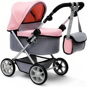 Baby Doll Stroller Foldable Doll Pram with Basket,Adjustable Handle,Light Gray/Pink,Dolls Up to 22" Doll, Dolls to Play Baby Doll Convertible Lightweight Pram Stroller for Kids