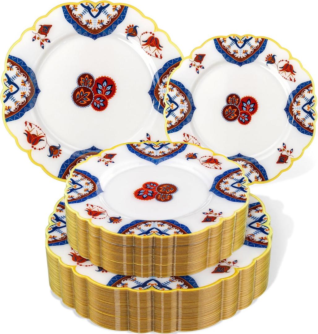 Morejoy 60pcs Vintage Bohemian Plastic Plates - White Plastic Plates Featuring Classic Blue and Russet Floral Design With Gradient Gold Rim, 10.25 Dinner & 7.5 Dessert Plates for Wedding & Party