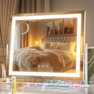 Hasipu Vanity Mirror with Lights and Bluetooth Speaker, 16.9" x 13.4" LED Makeup Mirror, Light up Mirror with 10X Magnification, Smart Touch 3 Colors Dimmable, Brightness Adjustment (White)