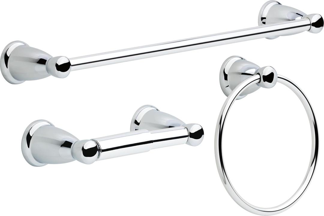 Franklin Brass Kinla 3-Piece Bathroom Set Polished Chrome 24" Towel Bar Racks, Toilet Paper Holder, Ring Hardware KIN3PC-PC
