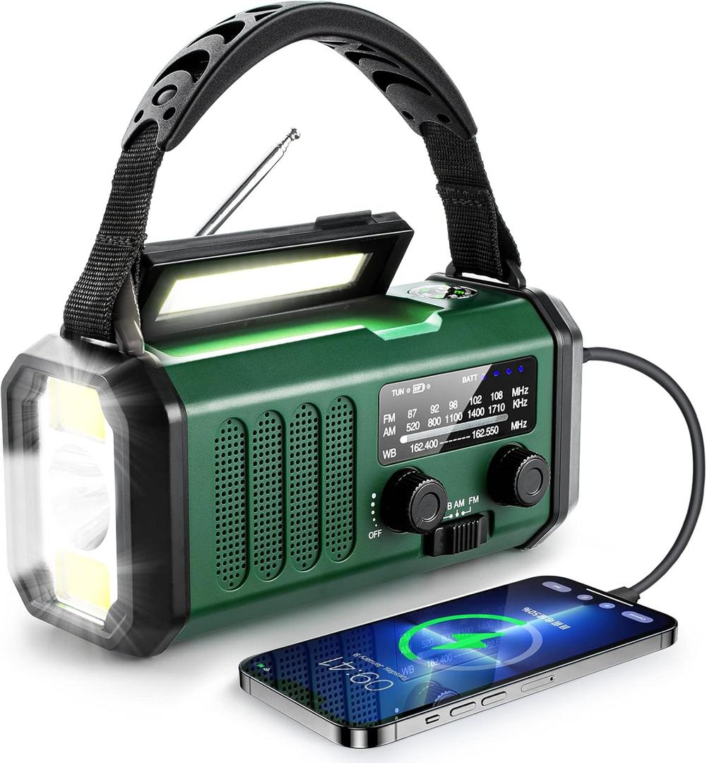 10000mAh Hand Crank Emergency Radio, NOAA Weather Radio with AM/FM & solar Radio, Rechargeable Battery, Flashlight & Reading Light, SOS Alarm, Compass Cell Phone Charger for Indoor Outdoor Emergencies (green)