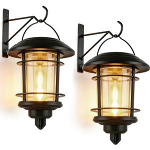 Dynaming 2 Pack Solar Lanterns Outdoor, Hanging Lantern Solar Garden Lights with Edison Bulb, Wall Mounted LED Light Auto On/Off, Waterproof for Garage Stair Patio Front Porch Yard, Warm White