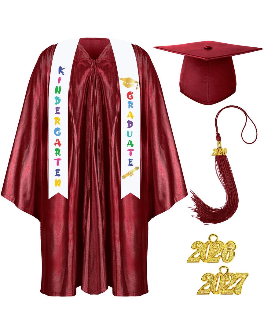 Foaincore 2026 Year Preschool and Kindergarten Graduation Gown Cap Tassel Set with 2026 Charm Printed Stole Grad Gift(27,Vermillion Red) (White, XL)