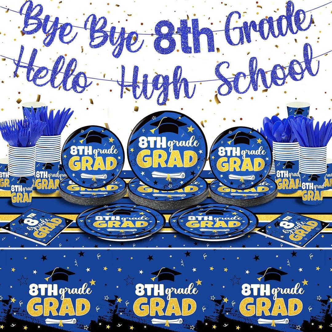 Jingmore 178 Pcs 8th Grade Graduation Party Decoration Supplies 2026 Graduation Party Disposable Dinnerware Serve 25 with Plastic Forks Knives Spoons Paper Plates Napkins Cups Tablecloth Banner(Blue)