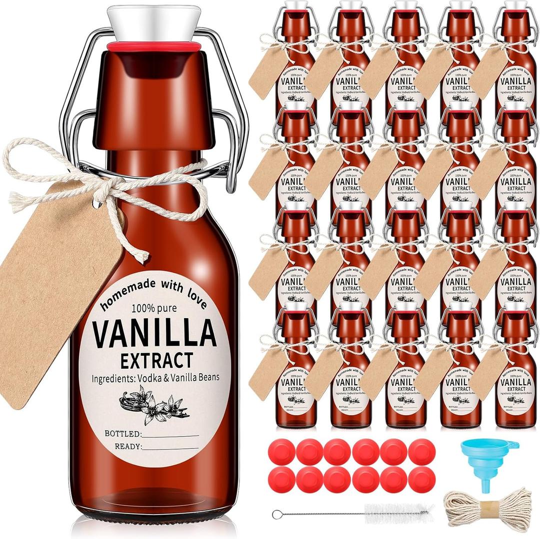 Vesici 8 Sets Swing Top Glass Bottles Set Amber Homemade Vanilla Extract Bottles Vanilla Extract Jars for Christmas DIY Crafts (8 Oz)