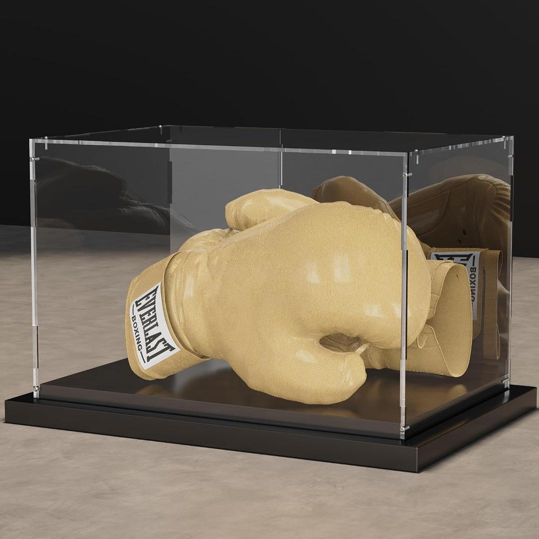 Boxing Glove Display Case Acrylic Full Size Display Case Holder Showcase with Mirror Back and Black Metal Grooved Base for Boxing Glove Baseball Mitt