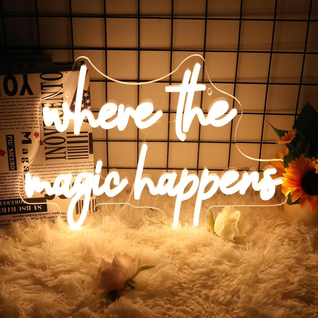 Where The Magic Happens Neon Sign Led Light Up Signs for Wall Decor Usb Powered Letter Neon Light Signs for Bedroom Wedding Decor Birthday Party Shop Man Cave 22 x 13''(Warm White)