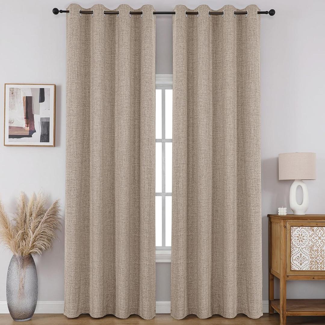 CUCRAF 100% Blackout Curtains 96 inches Long 2 Panels Set, Faux Linen Room Darkening Long Drapes With Grommet, Thermal Insulated Black Out Curtains for Bedroom Living Room(W52 x L96 Inch, Light Khaki)